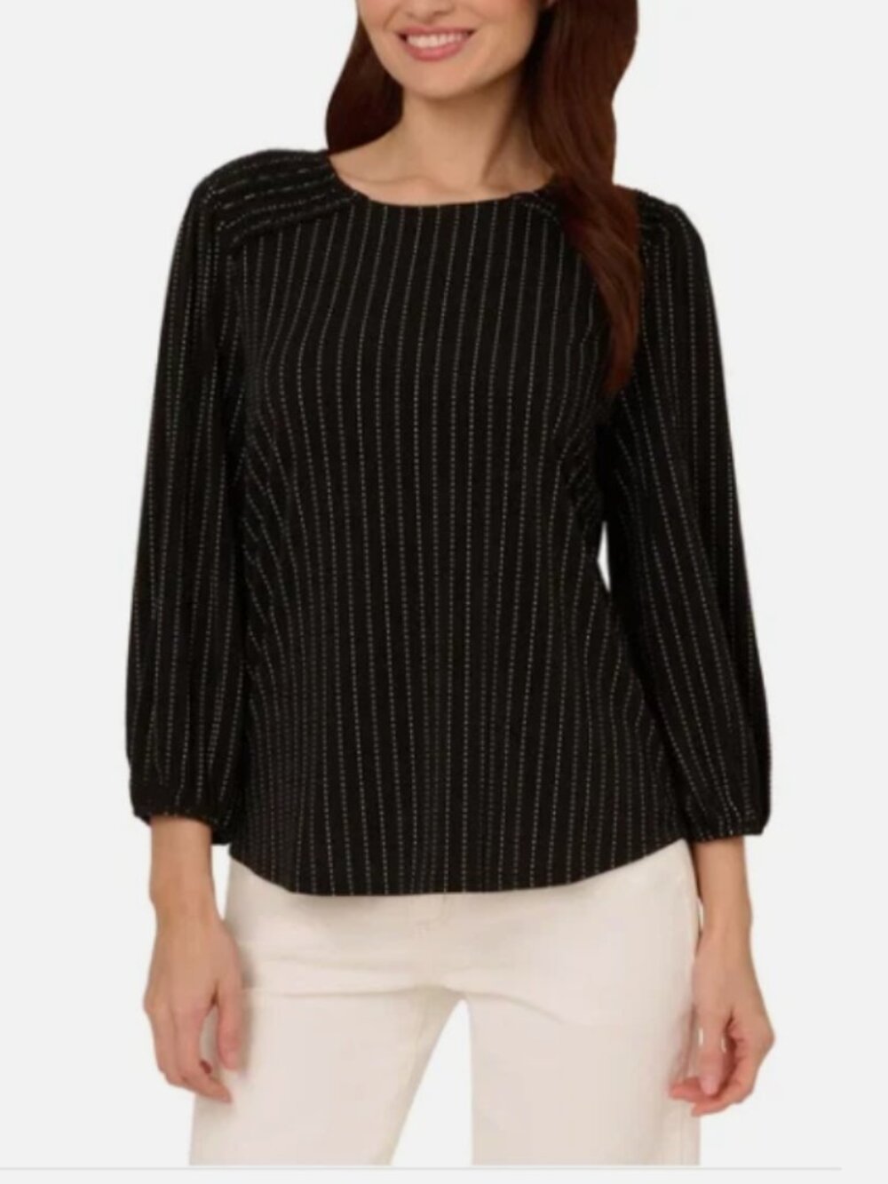 Adrianna Papell Black Pinstripe Long-Sleeve Keyhole Blouse XL